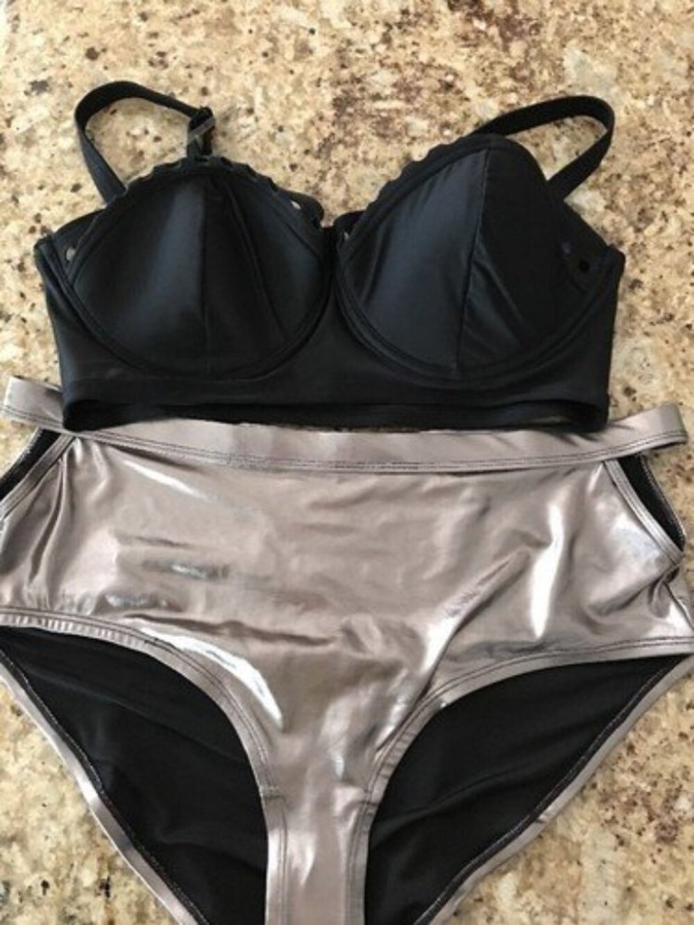 Forever 21 Plus Black Corset Top Metallic Sheeny High Waisted Bikini Set XL/2pc